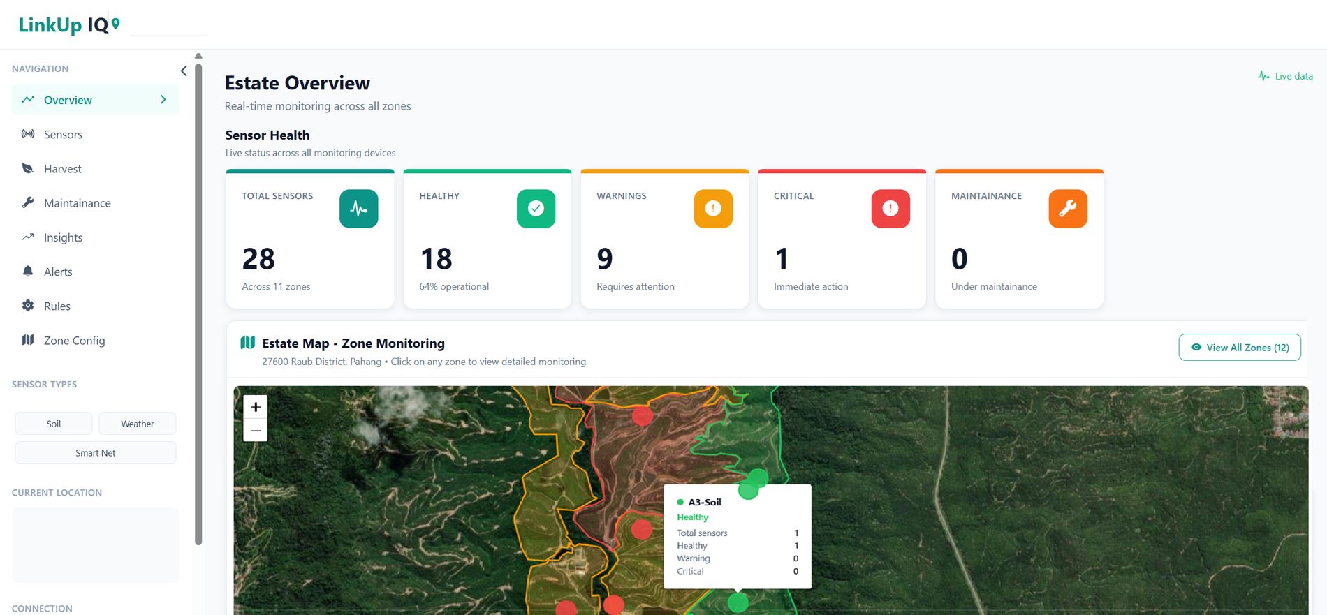 LinkIQ estate overview with zone map, sensor status legend and recent harvest detections